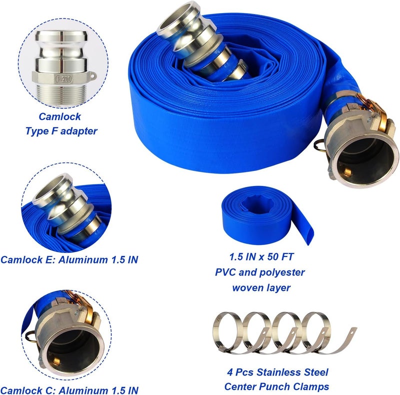 NetLea Heavy-Duty Pool Backwash Hose,1-1/2 inchx50Ft Professional Reinforced Leakproof Design with Aluminum Camlock C/E Fittings,Type 1.5Inch F Fitting include,Dual Drawstring Stainless Clamps Locked - Image 3